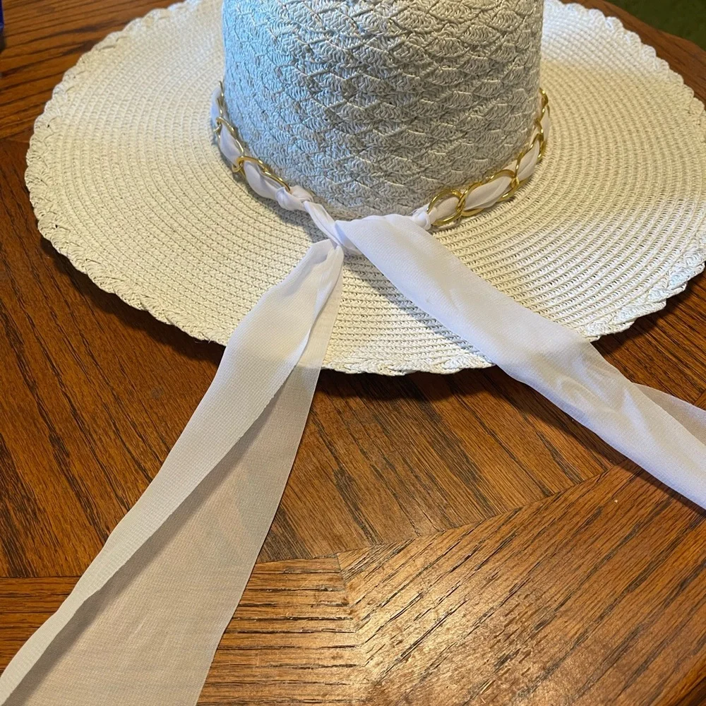 Marcus Adler White Packable Floppy Sun Hat Beach Scarf Trim Wide Brim One Size